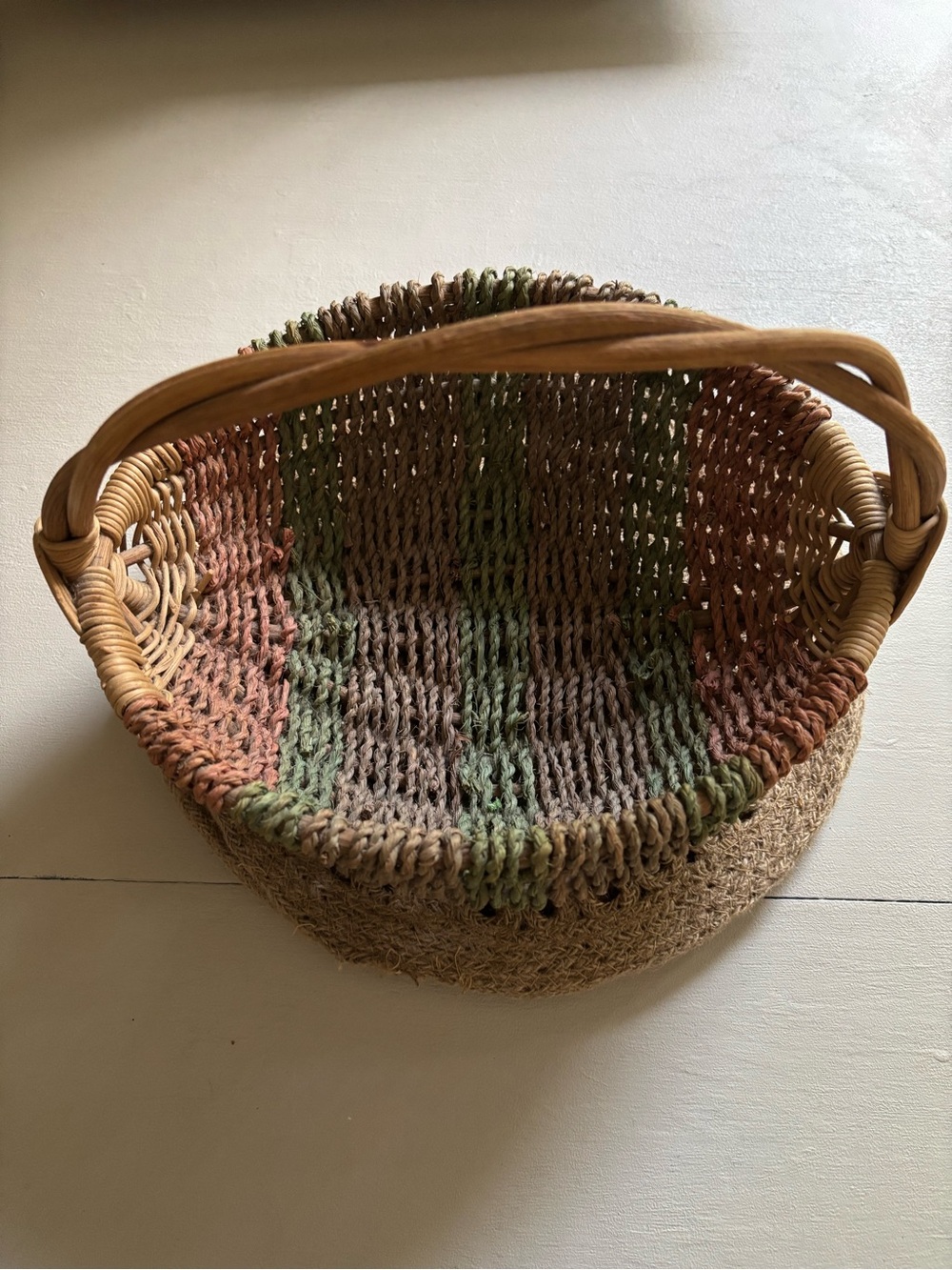 Vintage Woven Straw Basket Tote in Pink, Purple & Green